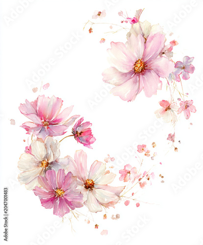 Watercolor floral wreath with delicate pink cosmos flowers.