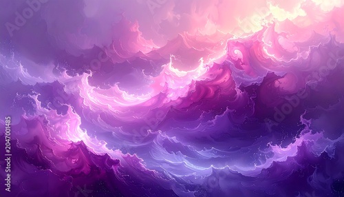 A vibrant, swirling depiction of a celestial landscape. Swirling clouds transition through purple, pink, and white hues