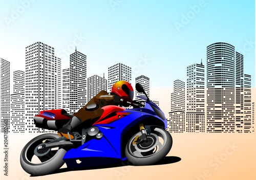 Bild auf Leinwand 087-40-Sports biker racing fast street motorbike in urban skyline setting
