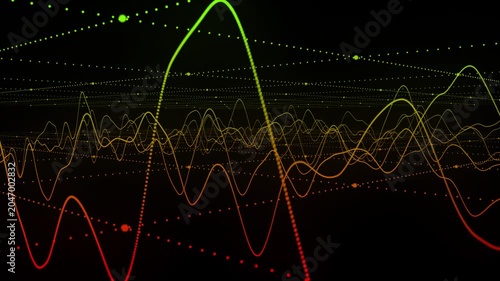 Abstract digital sound wave and network data particles background loop