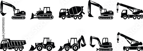 Fotografie Heavy Construction Machinery Vector Icon Set Featuring Black Silhouette Shapes o
