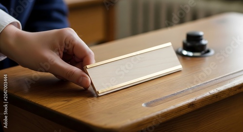 Hand placing an empty wooden nameplate on a desk in an office