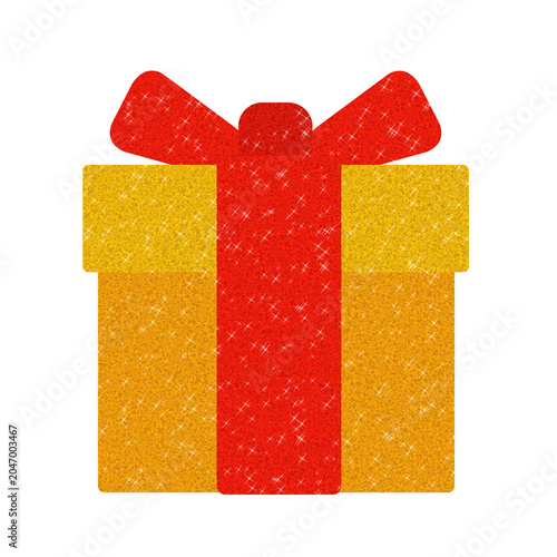 Sparkly Golden Gift Box with Red Ribbon on Transparant Background. Glittery Christmas Gift Box Illustration. Shiny Gold Birthday Present with Vibrant Red Bow Graphic PNG 