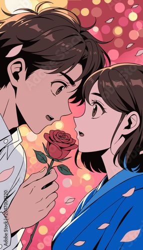 Young man offers red rose to woman during romantic evening with bokeh lights