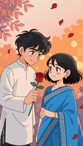 Young man offers rose to shy woman in sari during romantic outdoor date with falling petals