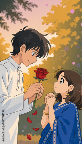Young man offers rose to delighted woman during autumn foliage in park