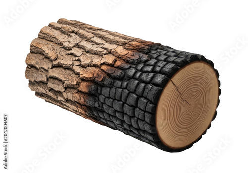 A charred wooden log with a natural bark texture on one side and burnt, cracked charcoal on the other, isolated on transparent background