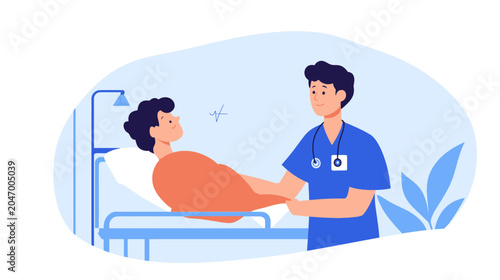 Medical professional holding patient's hand in hospital room
