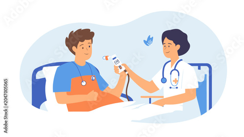 Medical professional assists patient with medication in hospital