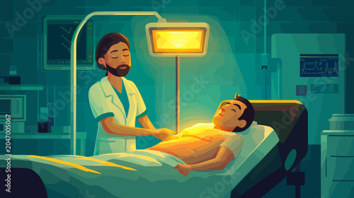 Medical scene with doctor attending young patient in hospital