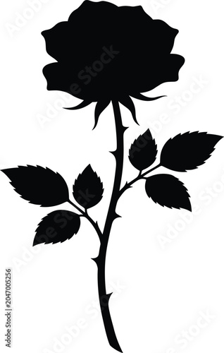 Single blooming rose flower with thorny stem and leaves black silhouette icon isolated on plain white background for romantic floral design templates