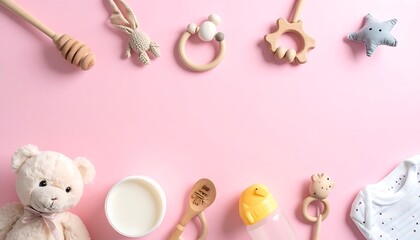 A pink background with baby items and a teddy bear