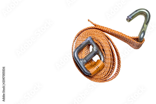 Tableau sur toile Off-road vehicle recovery equipment featuring a high-visibility orange kinetic snatch strap on a transparent background