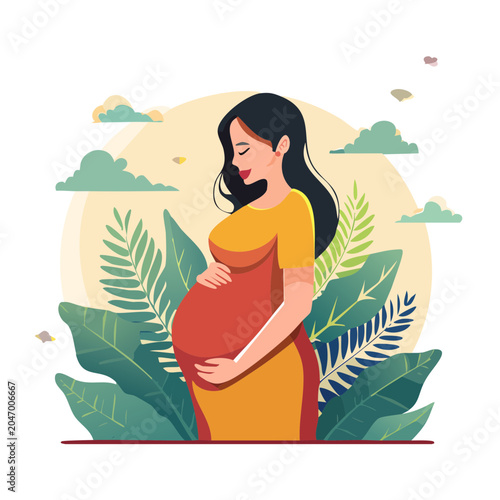 Pregnant woman holding her belly, surrounded by plants
