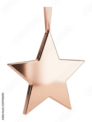 Shiny rose gold metallic star ornament hanging from a matching ribbon isolated transparent background image