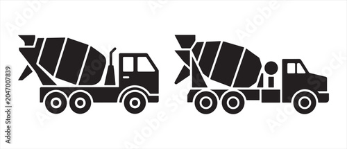 Tableau sur toile Black and white concrete mixer truck icons set for construction industry design in a minimalist style