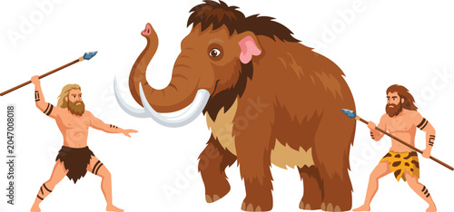 Foto Prehistoric Cavemen Hunting Furry Woolly Mammoth with Stone Age Spears for Primi