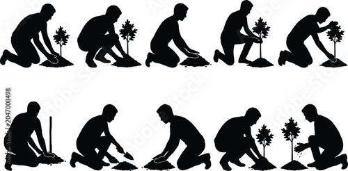 Konstfotografi Silhouettes set of men planting young trees in dirt, concepts of reforestation,