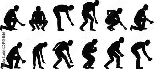 Slika na platnu Silhouettes set of men bending down, crouching, and picking up dropped items, co