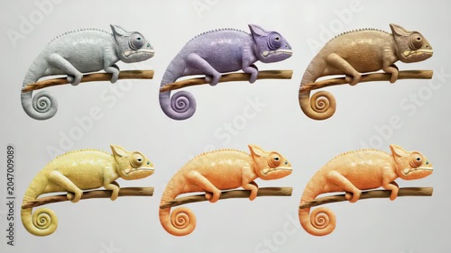 Loopable line of minimalist chameleons color cycling in unison on scrolling moire background. Hypnotic calming design tool tutorial, commercial.