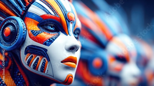 A detailed portrait of a colorful, futuristic cyborg with striking features and advanced technology.
