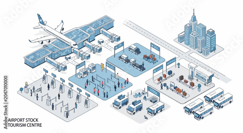 Isometric Airport Tourism Centre Concept with Planes and Buses.