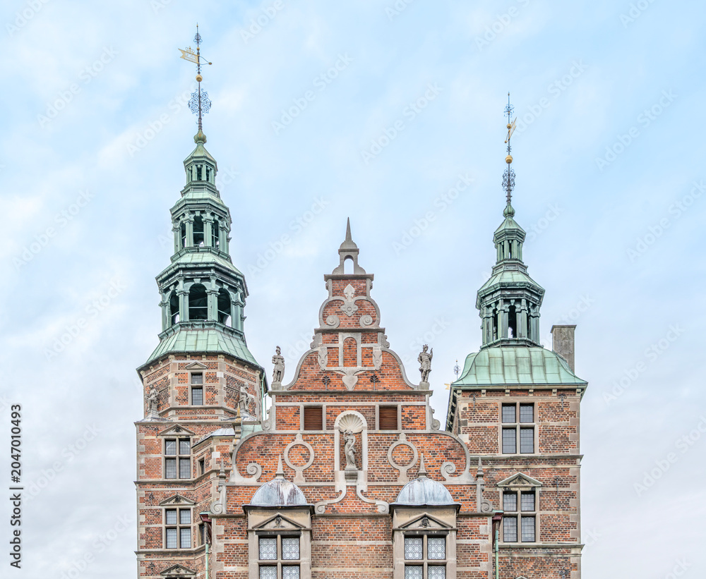 Fototapeta premium Rosenborg Castle Towers and Gable Detail in Copenhagen, Green Copper Spires