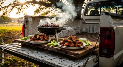 Outdoor tailgating feast spicy chicken wings and grilled meat on a pickup truck bed