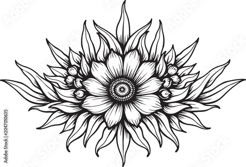 Black and white floral design, vector flower illustration, line art bouquet, decorative plant