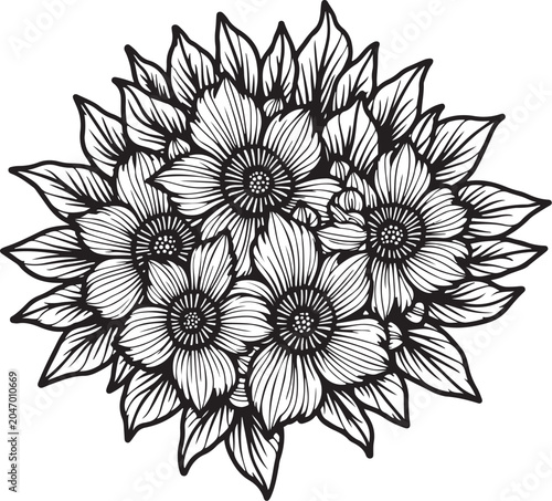 Black and white floral bouquet, line art flowers, vector illustration, coloring book page