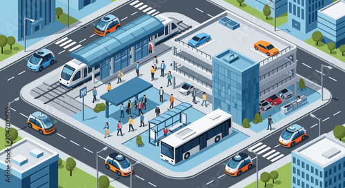Isometric city transport hub with tram and bus station.