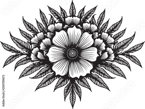 Black and white floral illustration, botanical flower design, monochrome blooms, decorative leaf arrangement