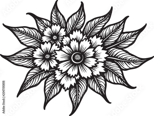 Black and white floral design, vector flower illustration, line art bouquet, decorative botanical graphic