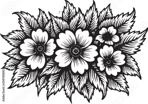 Black and white floral bouquet, vector flowers, leafy arrangement, line art illustration