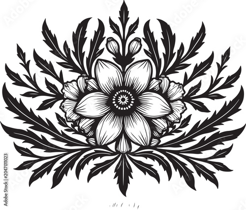 Black floral illustration, botanical art, flower design, leaf pattern, monochrome