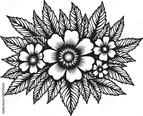 Black and white floral illustration, botanical flowers, leafy arrangement, vector graphic