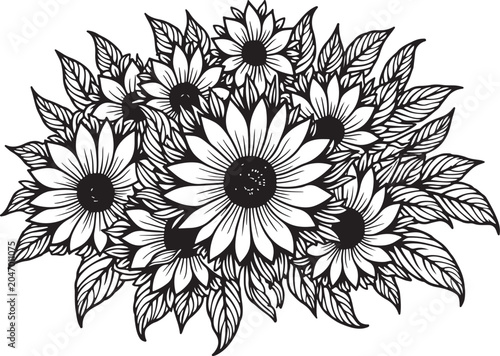 Black and white sunflower bouquet, floral vector illustration, line art flowers, monochrome botanical design