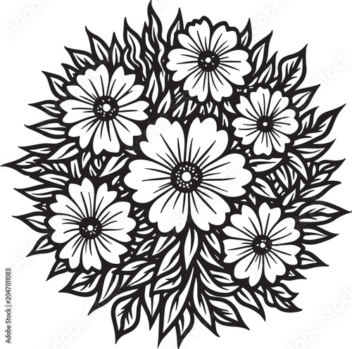 Black and white floral bouquet, vector flowers, line art illustration, botanical design