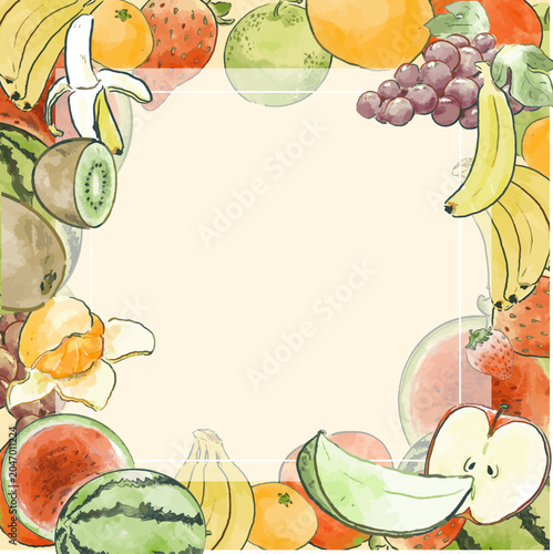 水彩風のフルーツフレームイラスト（果物・背景素材・コピースペース・正方形） / Fresh Watercolor Assorted Fruit Frame with Copy Space, Square Background