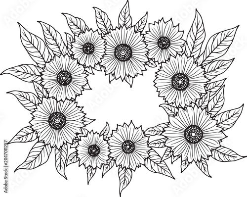 Black and white sunflower wreath, floral vector illustration, line art flowers, decorative botanical design
