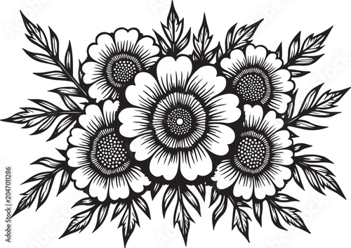 Black and white floral bouquet, flower arrangement vector, line art flowers, botanical illustration
