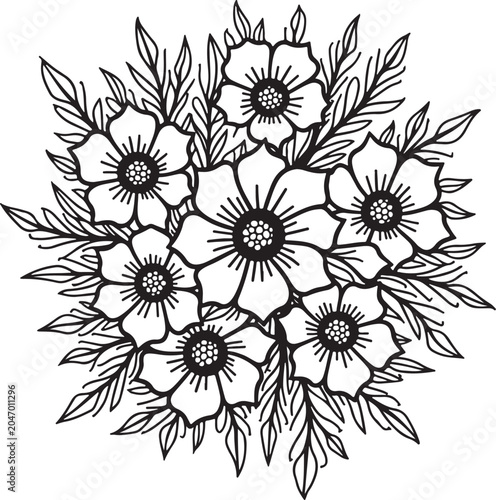 Floral bouquet, black and white flowers, line art illustration, vector floral arrangement