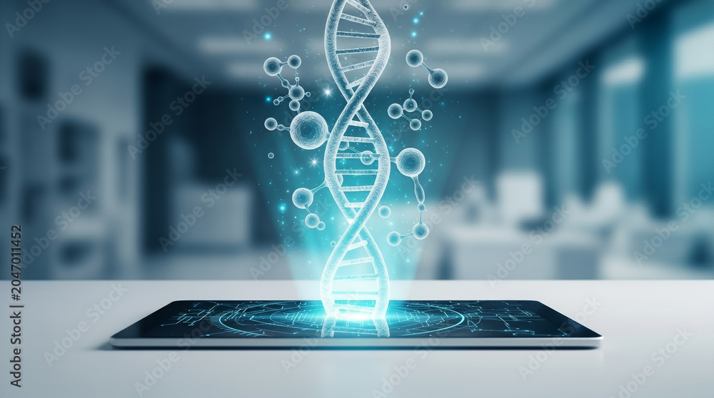 Fototapeta premium Holographic DNA helix projecting from a digital tablet on a lab desk, representing futuristic biotech and medical science e-learning.