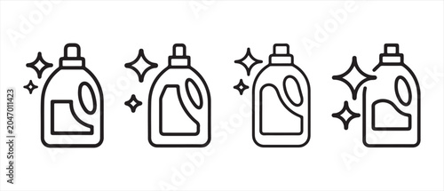 Obraz na plátně Set of laundry detergent bottle line icons with sparkling stars for cleaning and hygiene concepts