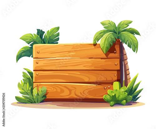 Wooden sign board template with tropical palm trees and green leaves for mobile game user interface menu design assets