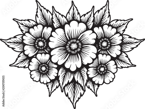 Black and white floral mandala, line art flowers, vector illustration, decorative bouquet