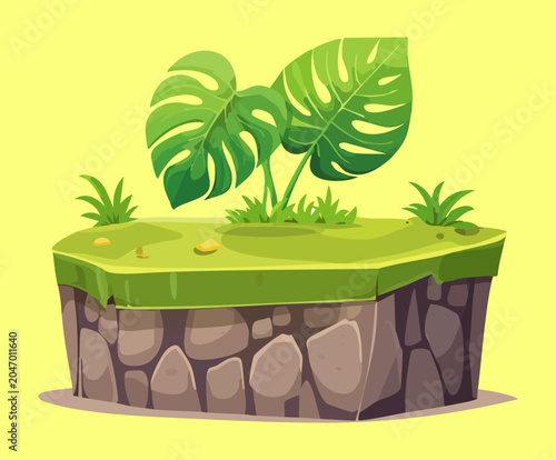 Raised grassy land platform with stone brick retaining wall and tropical monstera leaves decoration for mobile game environment level asset