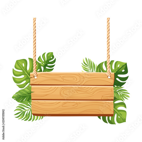 Horizontal wooden signboard hanging from ropes surrounded by green tropical jungle leaves for mobile game main menu navigation UI asset