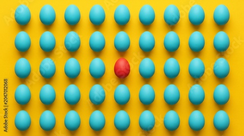 One red egg standing out in a crowd of blue eggs on yellow background