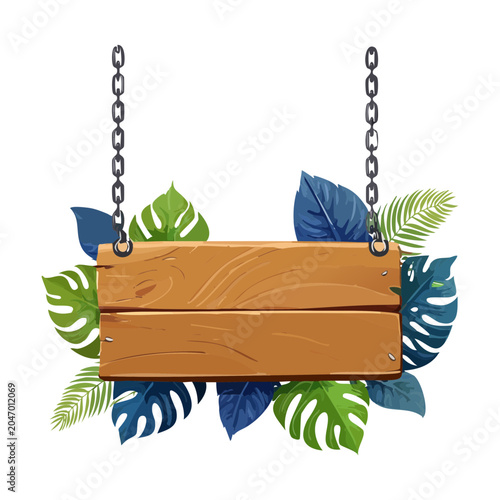 Hanging wooden sign board template with iron chains and tropical green palm leaves for jungle adventure game user interface design asset